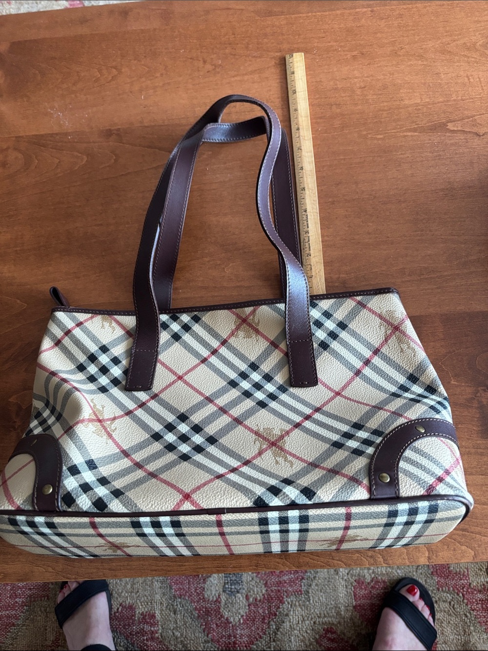 Classic Plaid Burberry Tote Bag with Brown Leather Straps